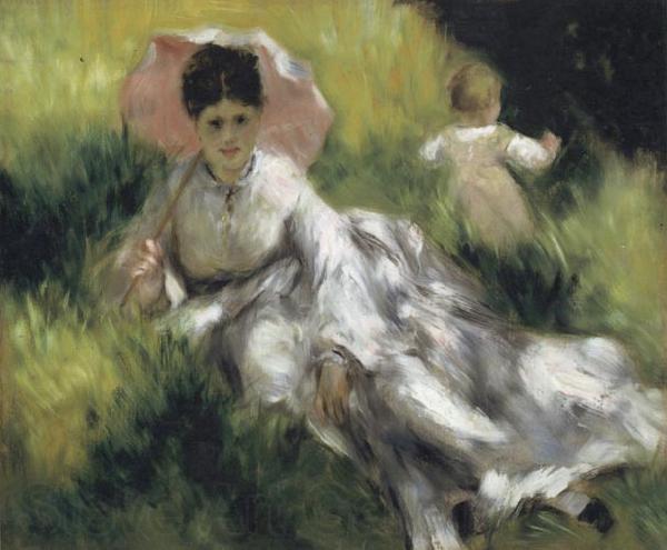 Pierre Renoir Woman with a Parasol and Small Child on a Sunlit Hillside